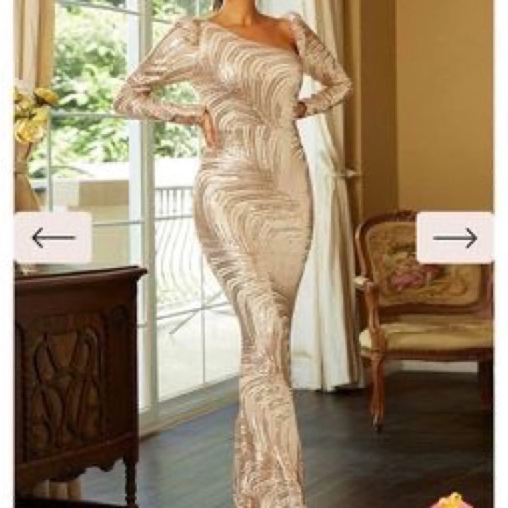 NWT One Shoulder Mermaid Sequin Maxi Gold Prom Dress